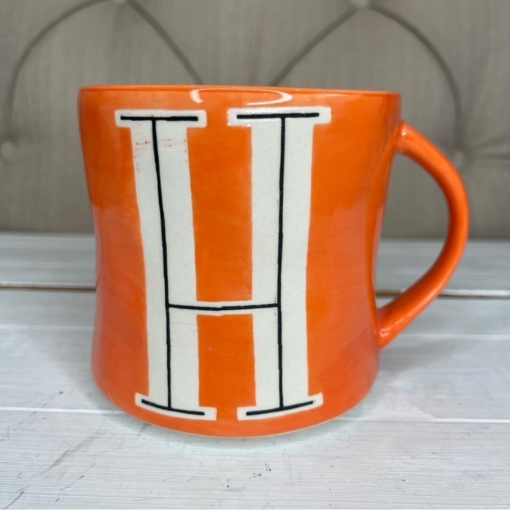 𝅺anthropologie Hand Painted Monogram Initial H Orange Tangerine Coffee Mug Cup
